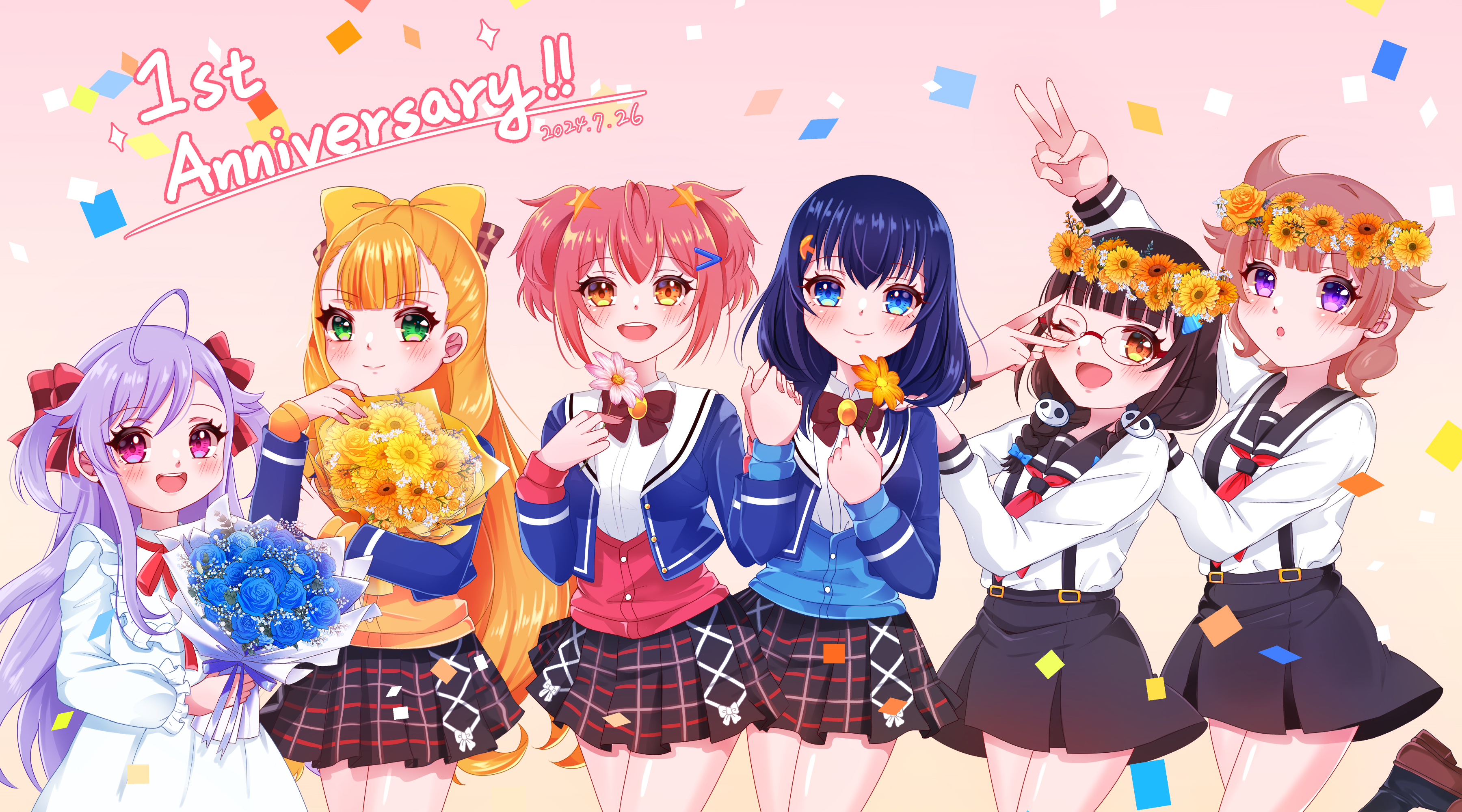 anjou seira, kathrina griebel, niizuma yae, ootori kokona, sasuga chisa, shizuka (world dai star), yanagiba panda, world dai star, absurdres, highres, 6+girls, :d, ahoge, blonde hair, blue eyes, blush, bouquet, bow, brown hair, closed mouth, confetti, copyright name, flower, food, green eyes, hair bow, hair ornament, holding, holding food, long hair, long sleeves, looking at viewer, multiple girls, open mouth, orange hair, pleated skirt, purple eyes, purple hair, red bow, school uniform, serafuku, shirt, short hair, skirt, smile, sunflower, two side up, v, white shirt, yellow flower