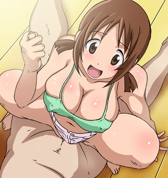 butcha-u, hinako (issho ni training), issho ni training, 00s, 10s, 1boy, 1girl, :d, arm support, blush, breasts, brown eyes, brown hair, camisole, cleavage, clothed female nude male, clothed sex, clothing aside, covered erect nipples, cowgirl position, fig sign, from above, girl on top, happy sex, head out of frame, hetero, large breasts, navel, nude, open mouth, sex, short hair, shorts, shorts aside, smile, solo focus, spread legs, squatting, straddling, sweat, twintails, uncensored, vaginal, wooden floor