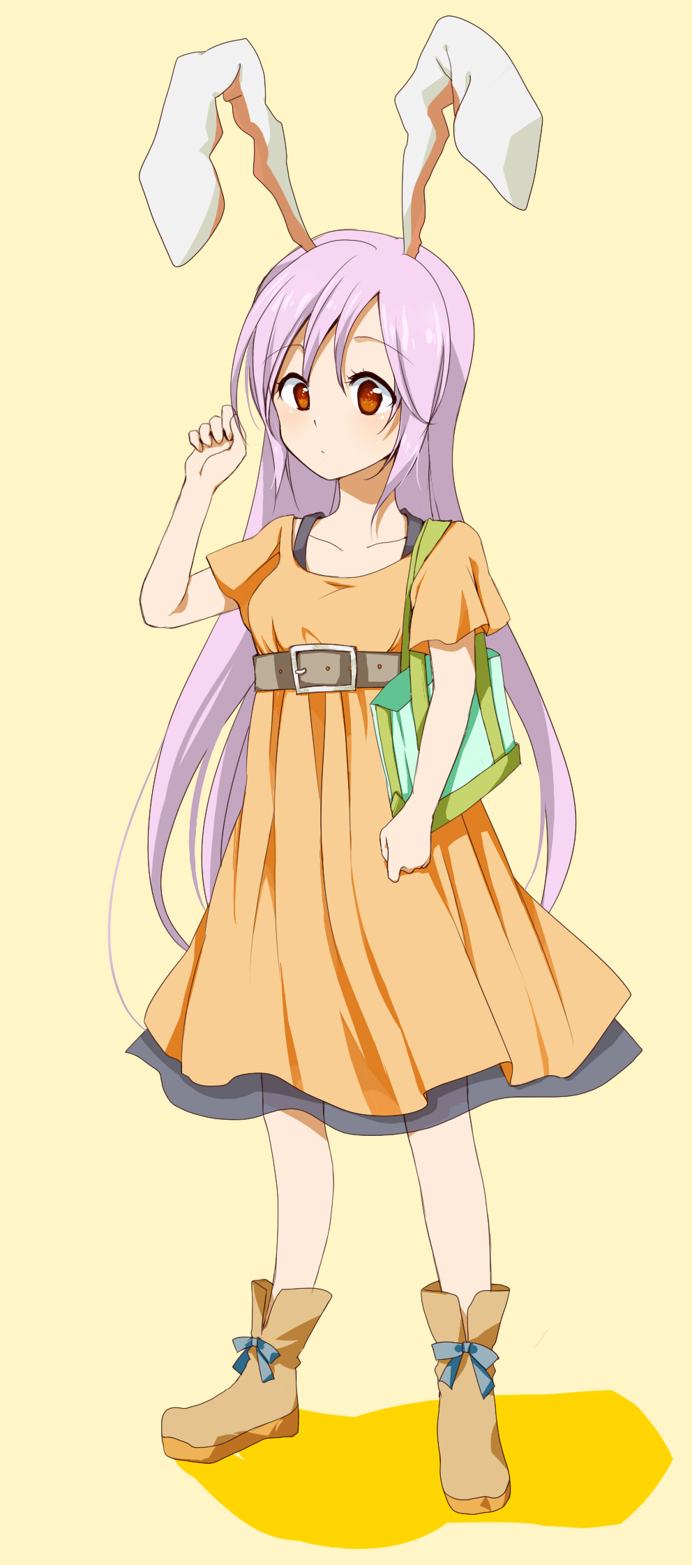 kutsushita, kutsushita (tokati r), reisen udongein inaba, touhou, light purple hair, bad id, bad pixiv id, highres, 1girl, alternate costume, animal ears, ankle boots, bag, belt, boots, casual, contemporary, dress, female focus, handbag, purple hair, rabbit ears, red eyes, solo