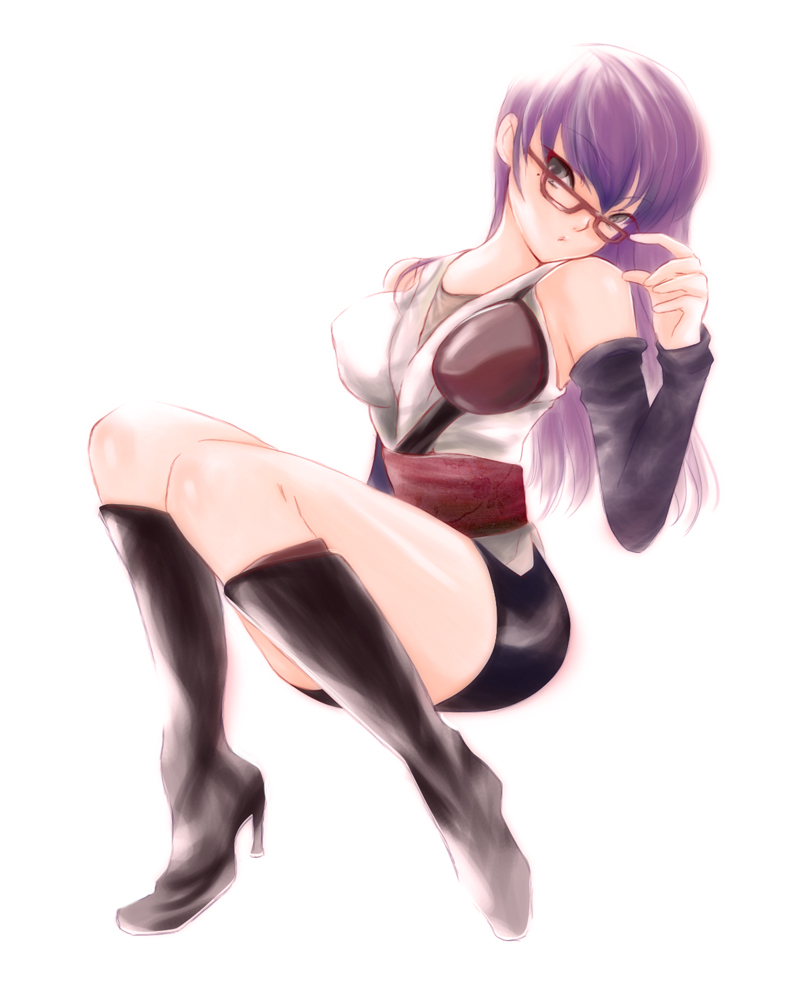 jun can, sarutobi ayame, gintama, character request, 00s, 1girl, adjusting eyewear, bare shoulders, boots, detached sleeves, female focus, glasses, grey eyes, high heels, long hair, mole, mole under eye, purple hair, shoes, shorts, sitting, solo