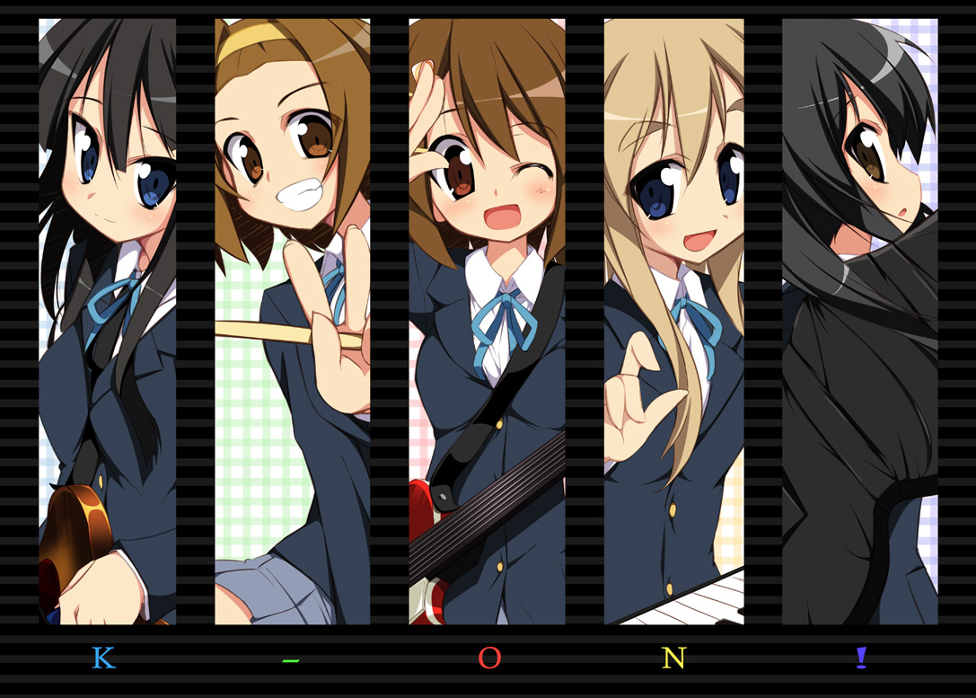 hoppege, akiyama mio, hirasawa yui, kotobuki tsumugi, nakano azusa, tainaka ritsu, k-on!, 00s, 5girls, bag, black hair, blue eyes, brown eyes, brown hair, drumsticks, grin, guitar, ho-kago tea time, instrument, keyboard, keyboard (instrument), long hair, multiple girls, one eye closed, school uniform, short hair, smile, synthesizer, wink