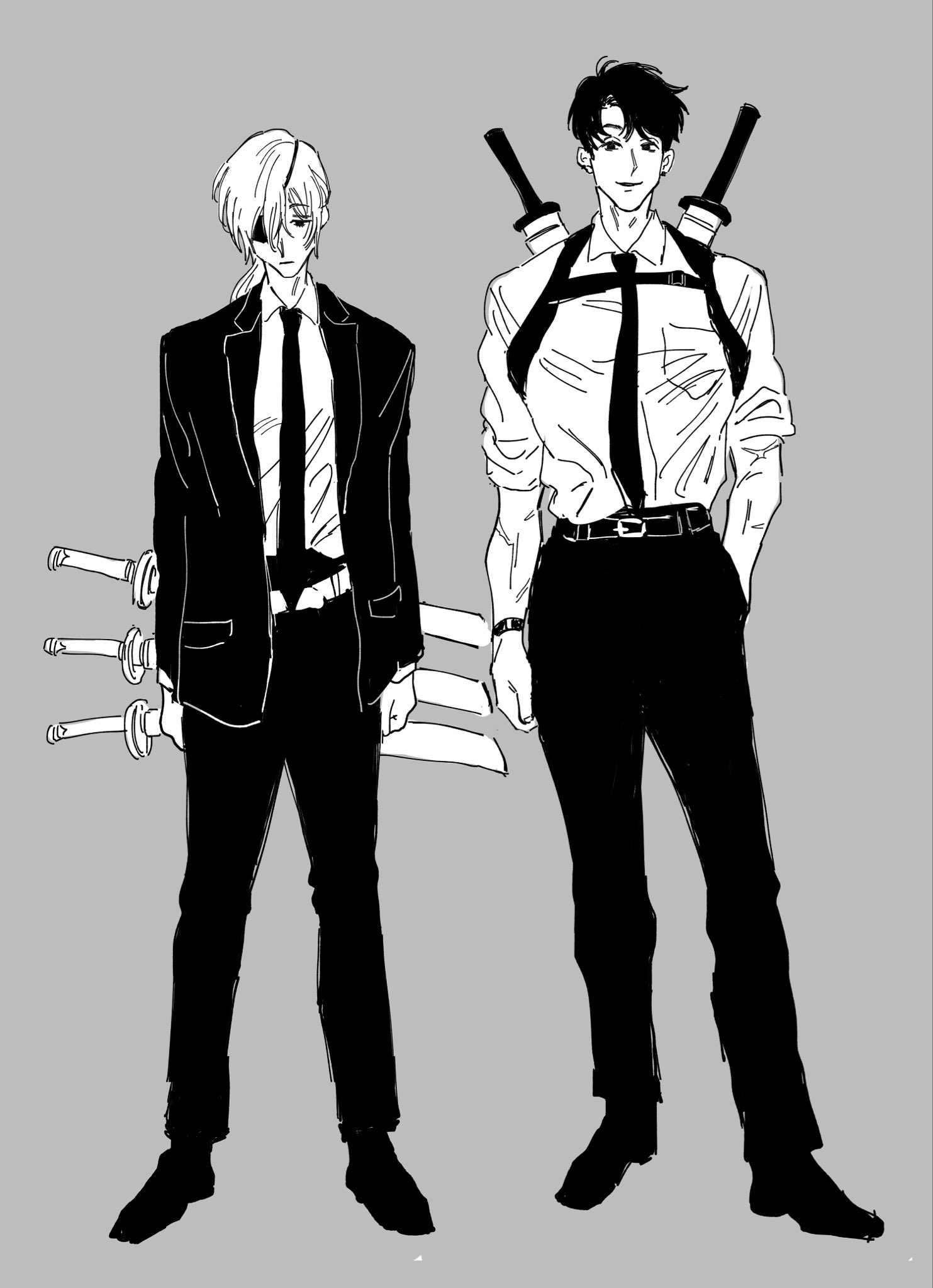 pizza202020, kishibe (chainsaw man), quanxi (chainsaw man), chainsaw man, highres, 1boy, 1girl, black necktie, business suit, eyepatch, formal clothes, monochrome, necktie, shirt tucked in, suit, sword, weapon, weapon on back
