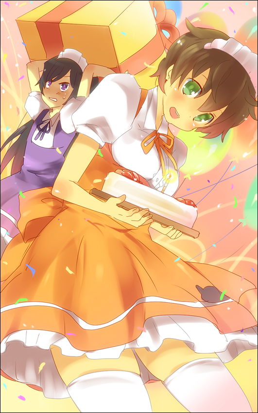 kl (dgzonbi), kururugi suzaku, luluko, suzako, code geass, white legwear, 00s, 2girls, balloon, black eyes, black hair, breasts, brown hair, cake, candle, crossdressing, crossdressing (ftm), food, genderswap, genderswap (mtf), gift, green eyes, long hair, maid, maid headdress, medium breasts, multiple girls, pastry, purple eyes, short hair, sweatdrop, thighhighs, trap, waitress, zettai ryouiki