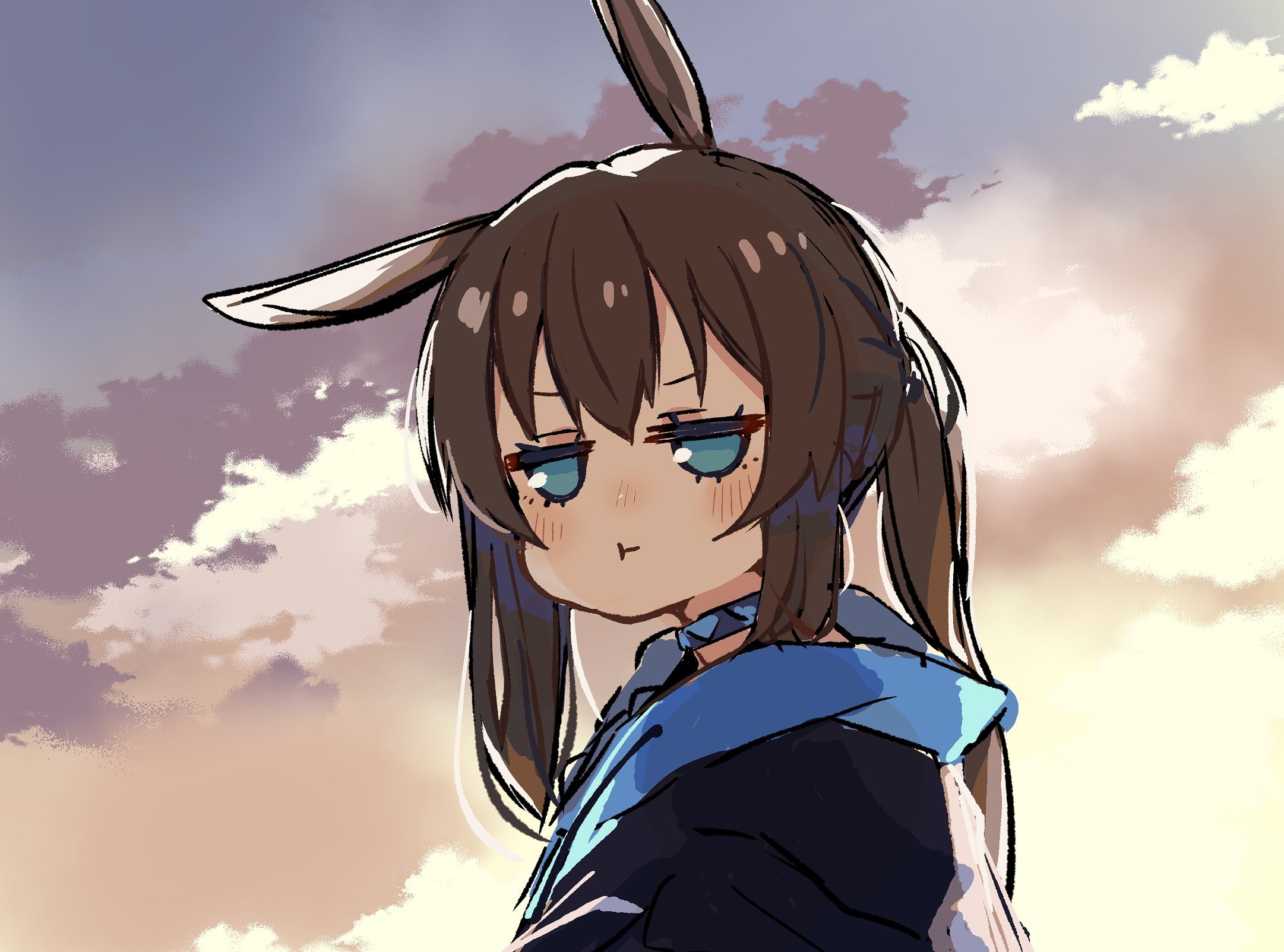 sukima (crie), amiya (arknights), arknights, highres, animal ears, brown hair, closed mouth, cloud, cloudy sky, collar, long hair, looking at viewer, pout, rabbit ears, sky, sunlight