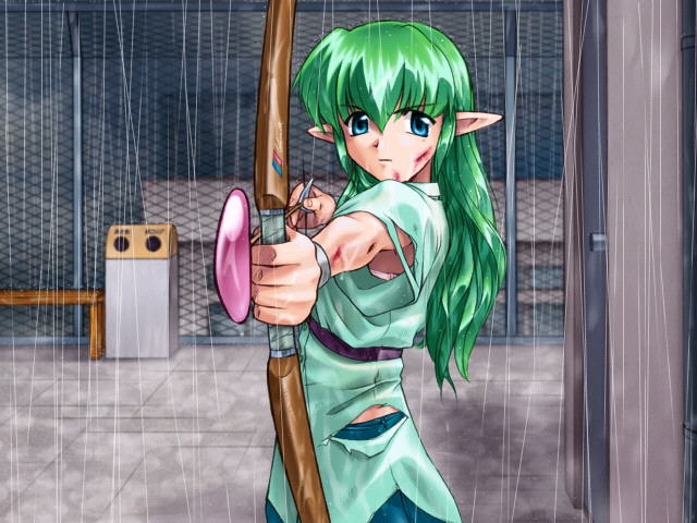 celes leblanc, alice soft, pastel chime, 1990s (style), 1girl, aiming, aiming at viewer, angry, arrow (projectile), blood, blue eyes, bow (weapon), bra, bra peek, chain-link fence, dorm, elf, facing viewer, female focus, fence, glasses, green hair, green shirt, injury, lingerie, long pointy ears, looking at viewer, no eyewear, outdoors, pointy ears, rain, retro artstyle, rooftop, school roof, school uniform, shirt, short sleeves, skinny, skirt, solo, torn clothes, trash can, underwear, upper body, weapon