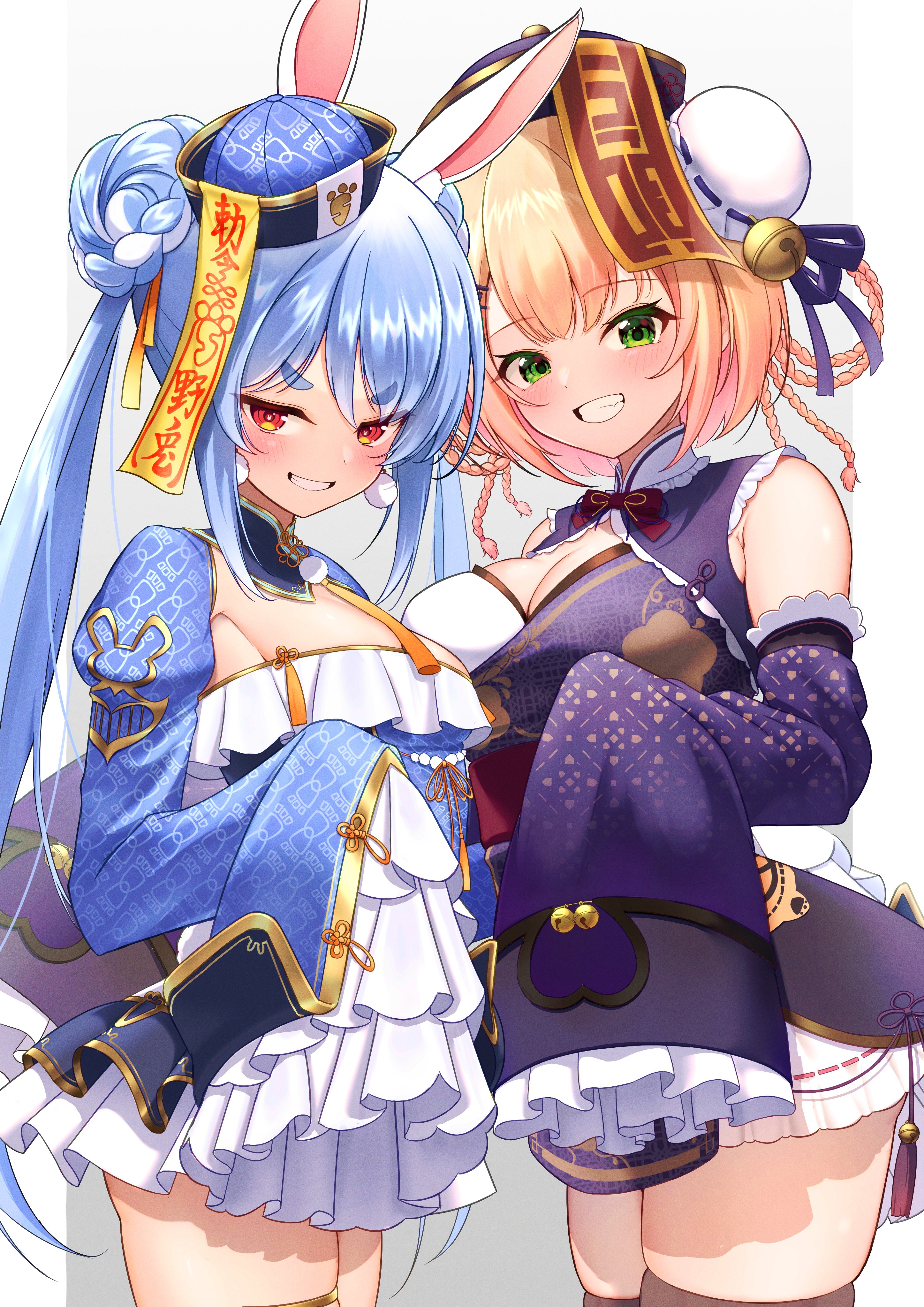 marishia holo, momosuzu nene, momosuzu nene (jiangshi), usada pekora, usada pekora (jiangshi), hololive, absurdres, highres, 2girls, animal ears, bell, blonde hair, blue dress, blue hair, blue hat, blush, braid, braided hair rings, breasts, brown thighhighs, bun cover, carrot print, chinese clothes, cleavage, cleavage cutout, clothing cutout, cowboy shot, detached sleeves, double bun, dress, earrings, food print, frilled sleeves, frills, gradient hair, green eyes, grin, hair bun, hair rings, hat, jewelry, jiangshi, jiangshi costume, large breasts, long hair, long sleeves, looking at viewer, medium breasts, multicolored hair, multiple girls, official alternate costume, official alternate hairstyle, ofuda, ofuda on head, pink hair, pom pom (clothes), pom pom earrings, purple dress, purple hat, qingdai guanmao, quad hair rings, rabbit ears, red eyes, short eyebrows, short hair, side-by-side, sleeves past fingers, sleeves past wrists, smile, thick eyebrows, thighhighs, virtual youtuber