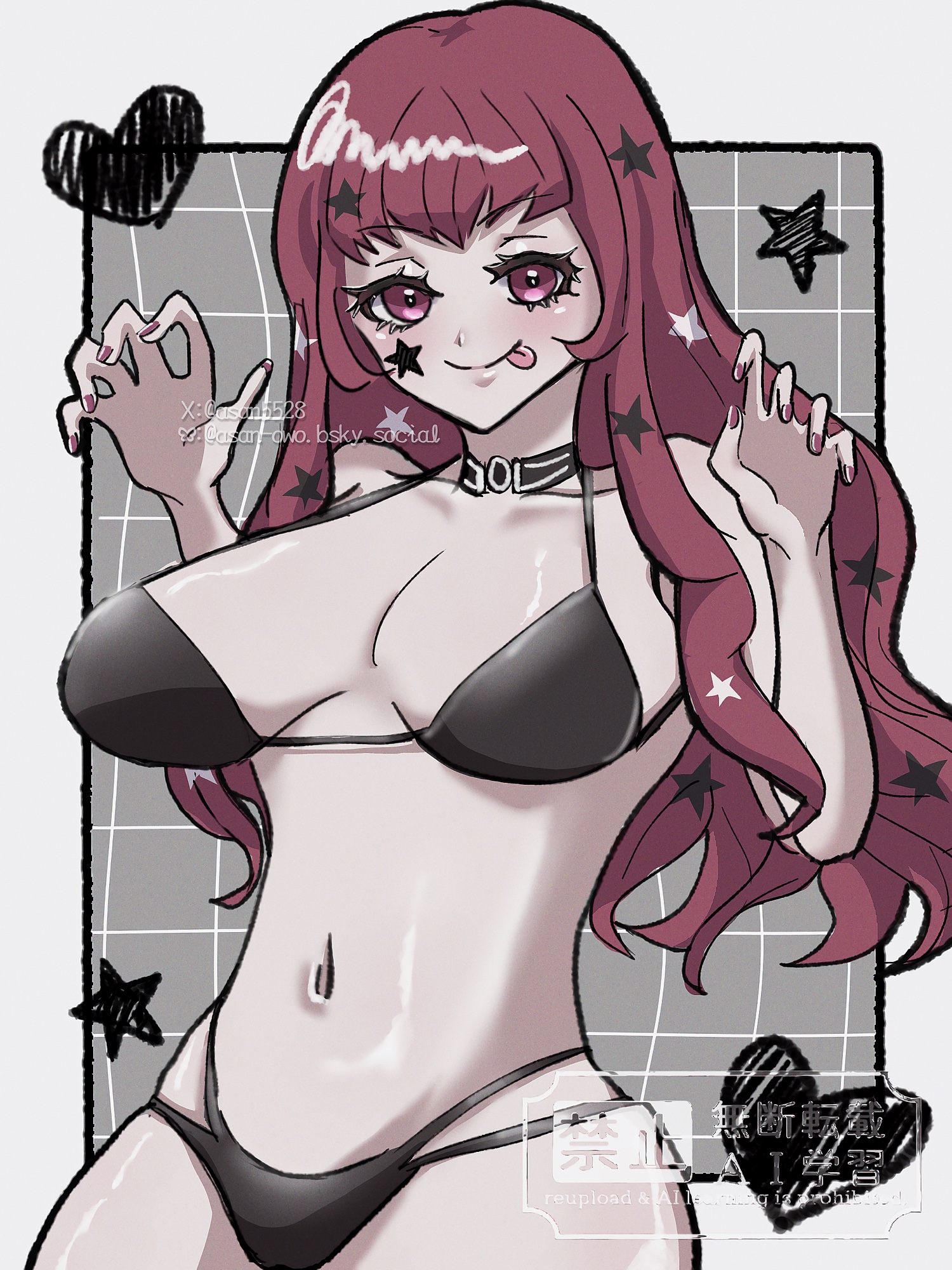 asan5528, yunaka (fire emblem), fire emblem, fire emblem engage, nintendo, highres, 1girl, :p, alternate costume, bikini, black bikini, breasts, facial mark, hair ornament, large breasts, looking at viewer, red hair, star (symbol), star facial mark, star hair ornament, swimsuit, tongue, tongue out, upper body