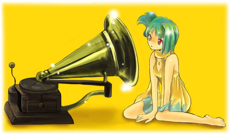 jun can, ranka lee, his master's voice, macross, macross frontier, bare shoulders, barefoot, dress, fine art parody, green hair, parody, phonograph, red eyes, short hair, sitting, solo