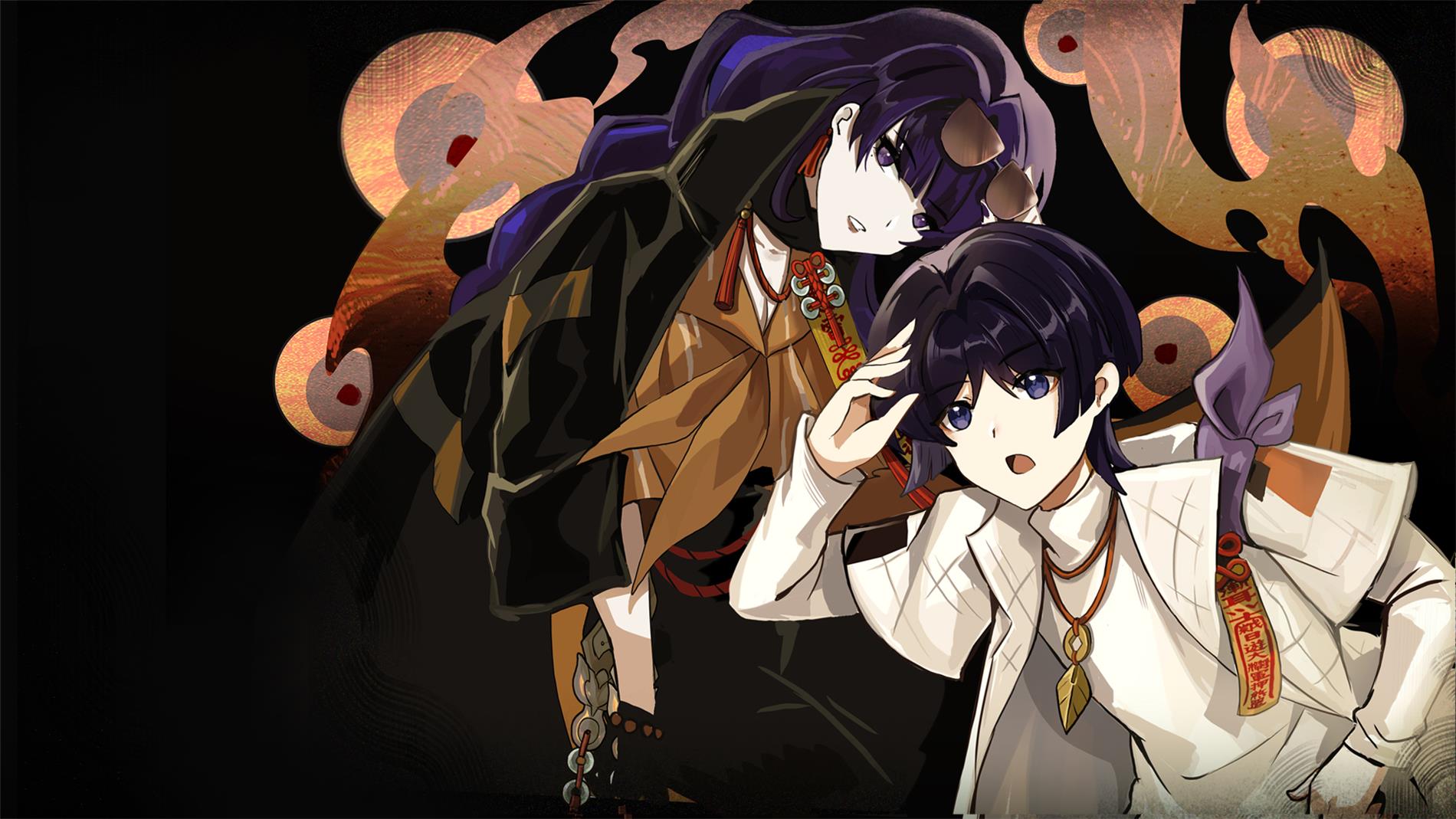 momogourami, raiden shogun, scaramouche (genshin impact), genshin impact, chinese commentary, highres, 1boy, 1girl, alternate costume, alternate universe, arm up, black background, black hair, black pants, blunt bangs, braid, breasts, brown shirt, cleavage, collarbone, eyeball, feather necklace, hair between eyes, jacket, jewelry, large breasts, layered clothes, leaning forward, leaning to the side, leather, leather jacket, long braid, long hair, long sleeves, looking at viewer, looking to the side, mole, mole under eye, mother and son, multicolored hair, necklace, open clothes, open jacket, open mouth, pants, parted lips, purple eyes, purple hair, red lips, scarf, shirt, short hair, short sleeves, single braid, white jacket, white shirt