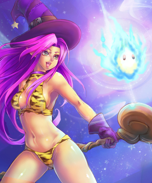 taka (sanoujo358), angela (seiken densetsu 3), will-o'-wisp (seiken densetsu), seiken densetsu, seiken densetsu 3, square enix, 1girl, animal print, bikini, breasts, cleavage, gloves, hat, large breasts, long hair, navel, open mouth, pointy ears, purple hair, sideboob, staff, swimsuit, tiger print