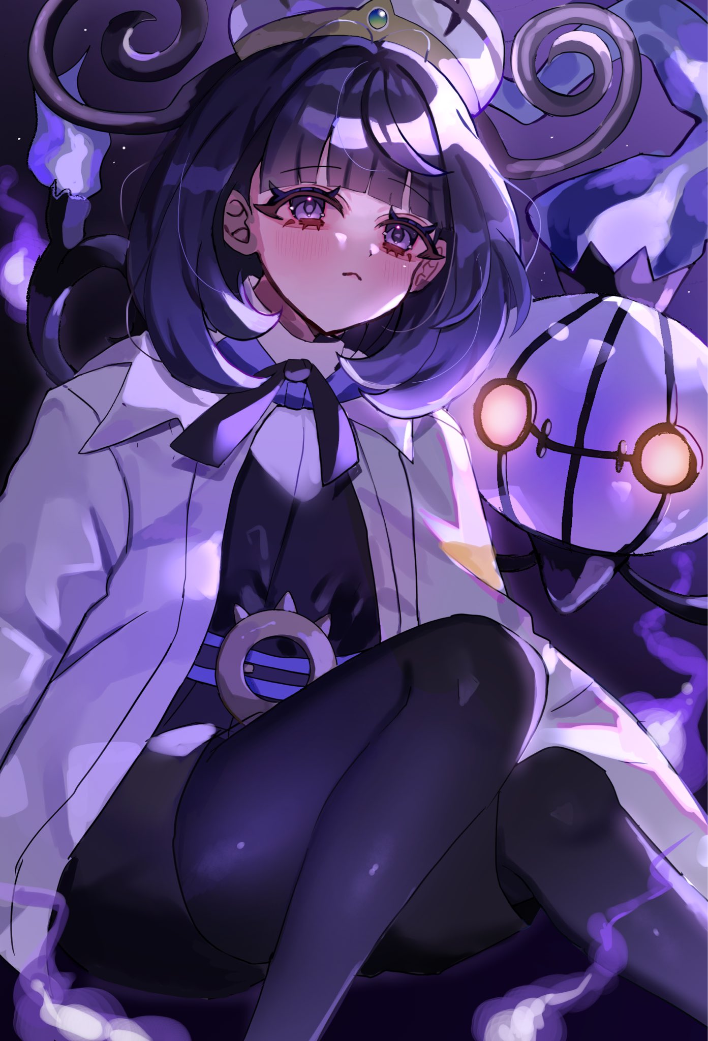 sobacha, chandelure, gwynn (pokemon), nintendo, pokemon, pokemon legends: z-a, highres, 1girl, belt, belt buckle, black dress, black hair, black pantyhose, buckle, closed mouth, coat, dress, eyelashes, fire, frown, gen 5 pokemon, gradient hair, hat, long sleeves, looking at viewer, multicolored hair, o-ring, o-ring belt, open clothes, open coat, pantyhose, pokemon (creature), purple eyes, purple fire, purple hair, short hair, white coat