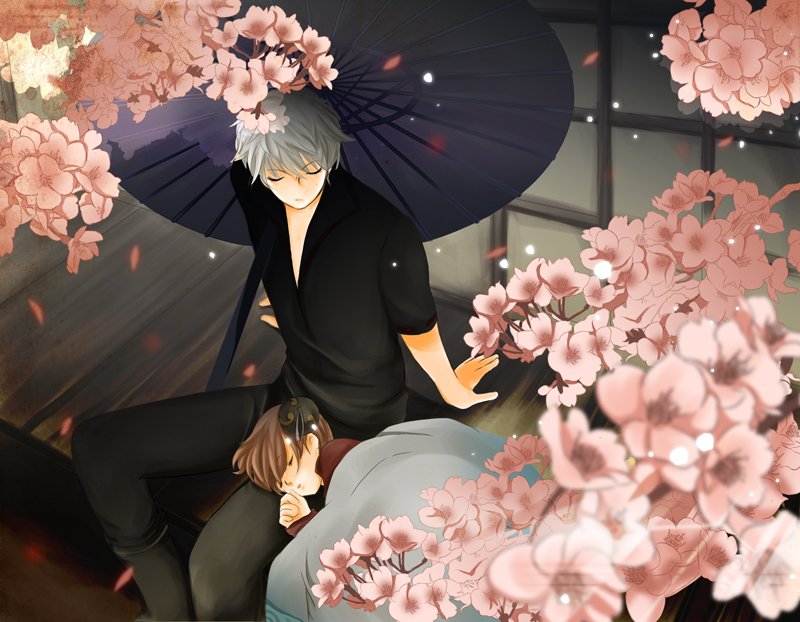 jun can, kagura (gintama), sakata gintoki, gintama, 00s, 1boy, 1girl, brown hair, cherry blossoms, flower, grey hair, oil-paper umbrella, short hair, sleeping, umbrella, under covers