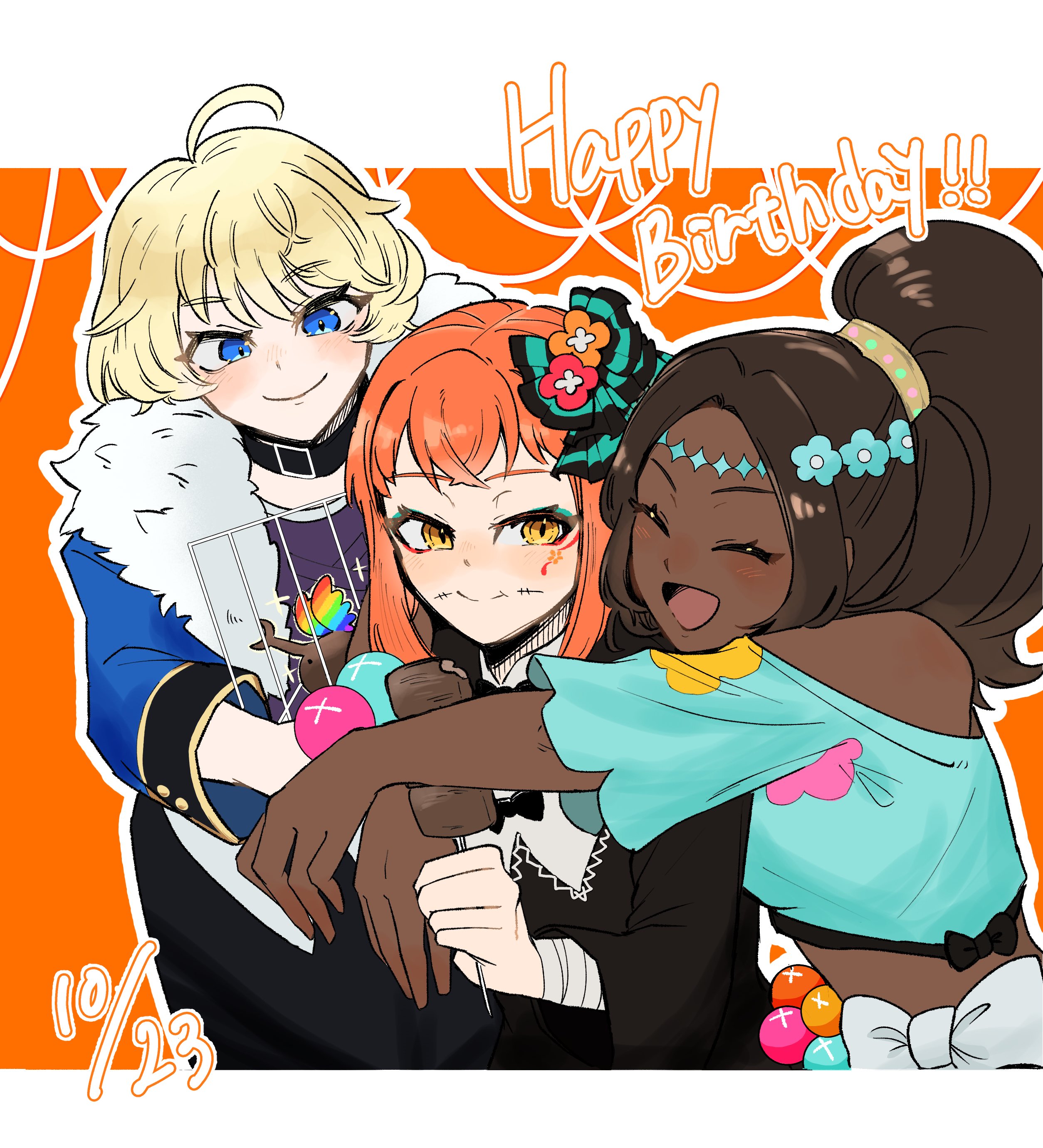 merrin (fire emblem), panette (fire emblem), timerra (fire emblem), fire emblem, fire emblem engage, nintendo, absurdres, highres, 3girls, blonde hair, blue eyes, breasts, closed mouth, dark-skinned female, dark skin, facial mark, high ponytail, hug, kagehunihuni, medium breasts, multiple girls, ponytail, smile, yellow eyes