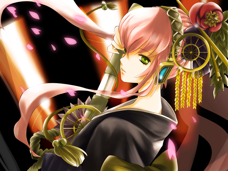 jun can, megurine luka, vocaloid, cherry blossoms, green eyes, headphones, japanese clothes, kimono, long hair, pink hair, solo, sword, weapon