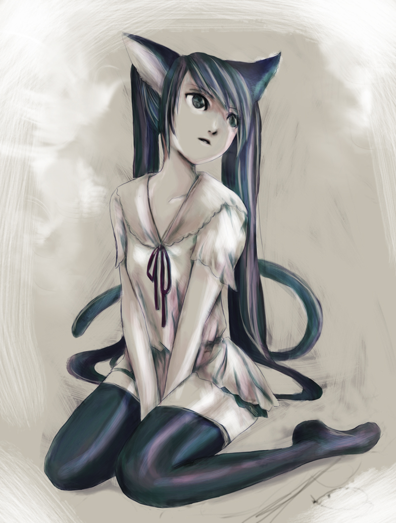 jun can, hatsune miku, vocaloid, world is mine (vocaloid), bad id, bad pixiv id, animal ears, cat ears, cat tail, dress, green eyes, green hair, long hair, sitting, solo, tail, thighhighs, twintails