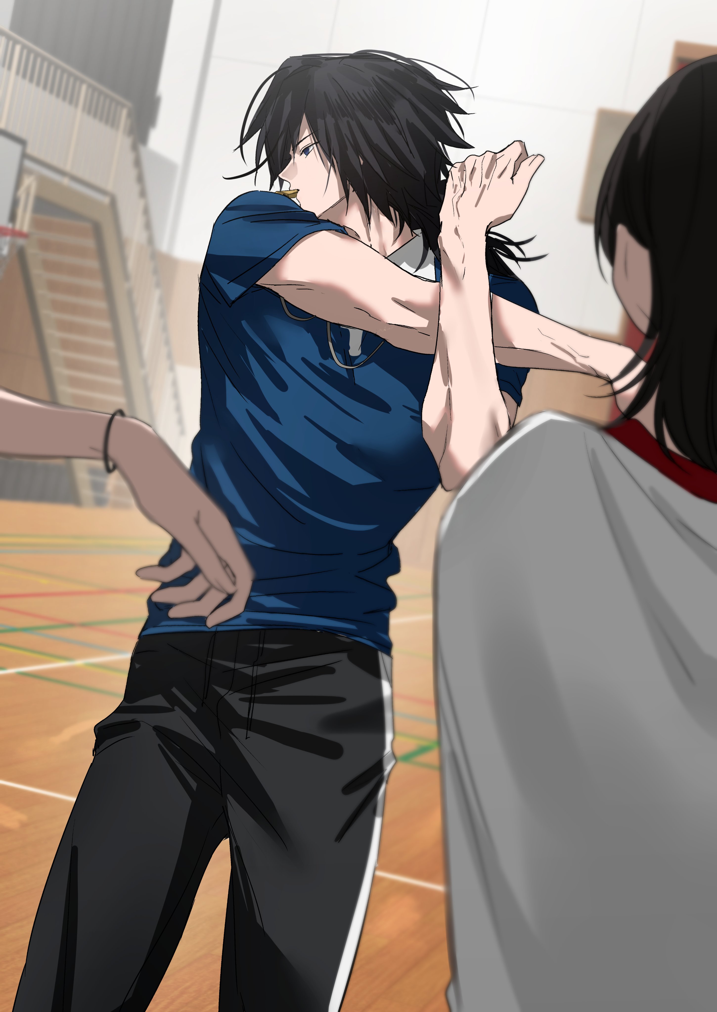 b bcollector, tomioka giyuu, kimetsu no yaiba, absurdres, highres, 1boy, black hair, gym shirt, gym uniform, long hair, low ponytail, male focus, pants, ponytail, school uniform, shirt, spiked hair, track pants