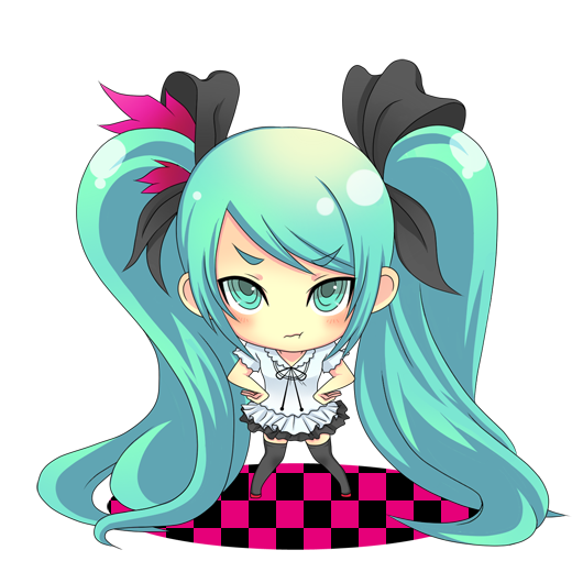 d (pixiv544157), hatsune miku, vocaloid, world is mine (vocaloid), 1girl, :t, aqua eyes, aqua hair, black thighhighs, bow, chibi, dress, female focus, frills, full body, gradient hair, hair bow, hair ornament, hand on own hip, hands on own hips, hip focus, leaning forward, long hair, miniskirt, multicolored hair, pleated skirt, skirt, solo, standing, thighhighs, transparent background, twintails, very long hair, zettai ryouiki
