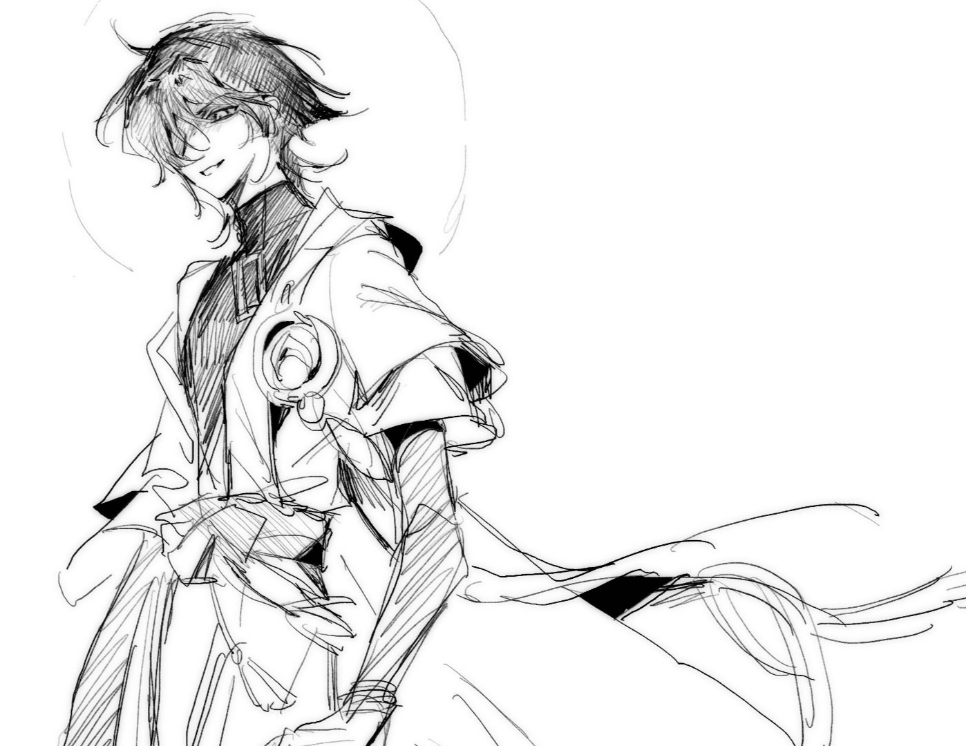 dd16056094, scaramouche (genshin impact), wanderer (genshin impact), genshin impact, chinese commentary, 1boy, angry, bridal gauntlets, floating, hair between eyes, head tilt, japanese clothes, jewelry, looking at viewer, looking down, monochrome, no headwear, off shoulder, one-eyed, pendant, sash, shaded eye, shaded face, short hair, short sleeves, simple background, solo, standing, upper body, white background, wide sleeves, wind