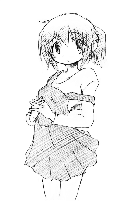 kumichi, nori (hidamari sketch), hidamari sketch, 00s, greyscale, monochrome, sketch, solo, strap slip