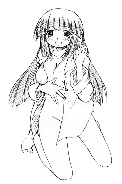 kumichi, yoshinoya (hidamari sketch), hidamari sketch, 00s, 1girl, barefoot, bottomless, breasts, female focus, greyscale, kneeling, large breasts, long hair, monochrome, open clothes, open shirt, shirt, sketch, solo