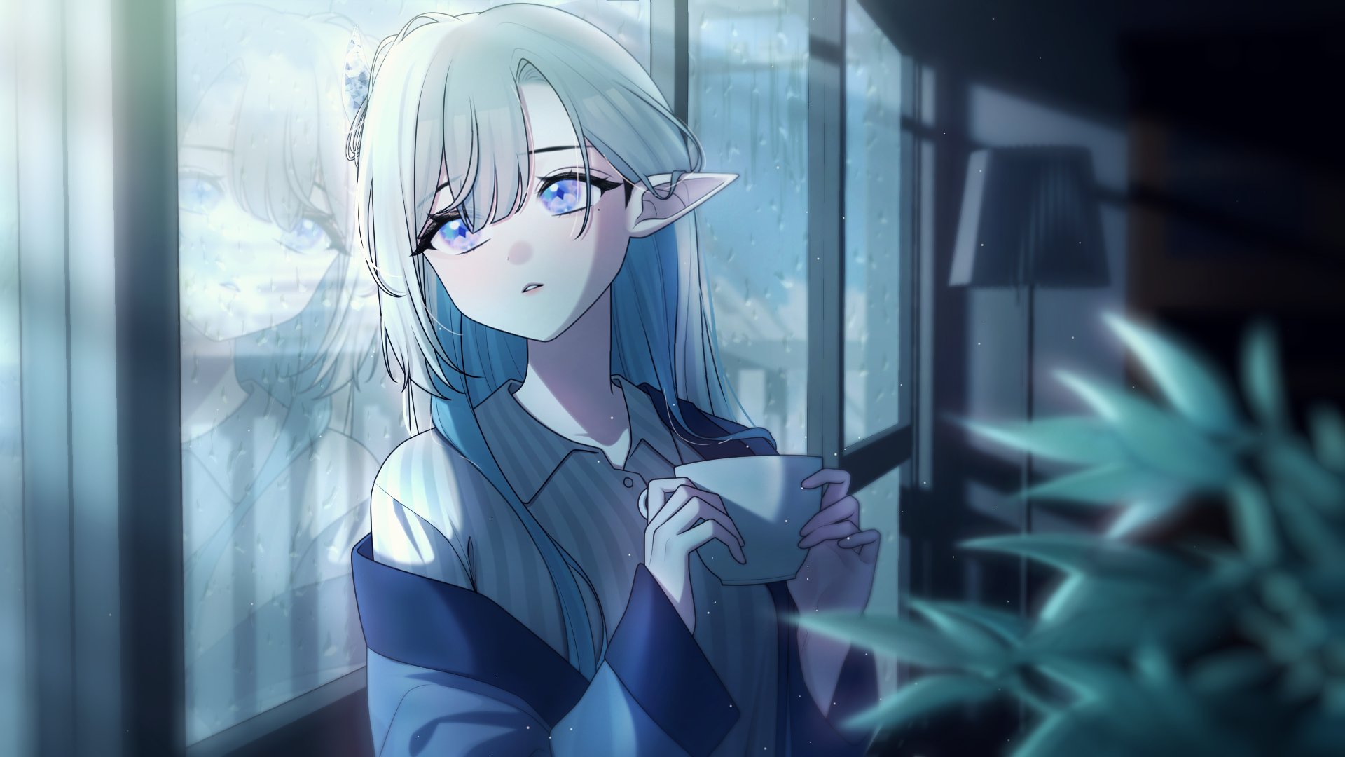halo sweety (artist), halo sweety, indie virtual youtuber, highres, 1girl, collared shirt, cup, diamond-shaped pupils, diamond (shape), grey hair, grey horns, grey shirt, holding, holding cup, horns, lamp, long hair, mole, mole under eye, plant, pointy ears, purple eyes, reflection, shirt, single horn, solo, striped clothes, striped shirt, symbol-shaped pupils, upper body, virtual youtuber
