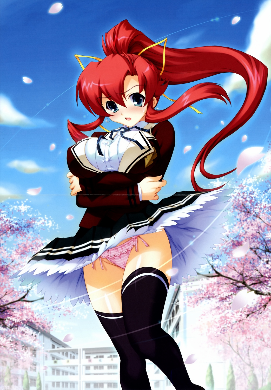joy ride, crea falias le falmal, hime-sama gomeirei wo!, undead (studio), highres, 1girl, blush, female focus, green eyes, ponytail, red hair, solo, thighhighs, wind, wind lift