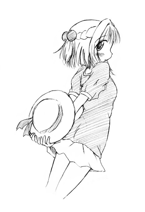 kumichi, nazuna (hidamari sketch), hidamari sketch, 00s, 1girl, female focus, greyscale, half updo, hat, looking back, monochrome, sketch, solo
