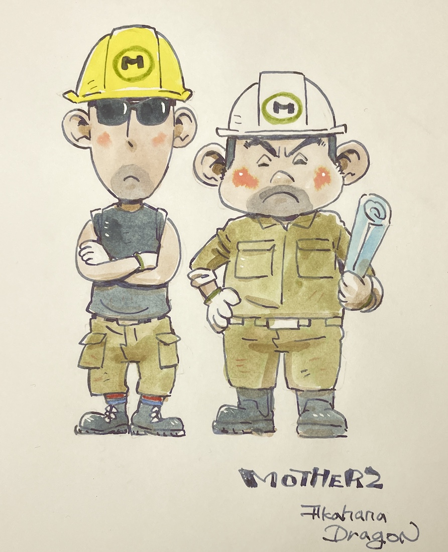 akahanadragon, mother (series), mother 2, nintendo, traditional media, 2boys, black hair, blueprint (object), blush stickers, boots, brothers, copyright name, crossed arms, facial hair, facing viewer, full body, george montague, gerardo montague, gloves, hand on own hip, helmt, mining helmet, multiple boys, siblings, standing, stubble, sunglasses