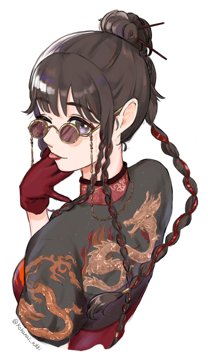 kohanai setsuna, nikki (series), shining nikki, commentary request, 1girl, ;p, black shirt, braid, breasts, brown hair, china dress, chinese clothes, closed mouth, collared dress, cropped shirt, cropped torso, dragon, dragon print, dress, eastern dragon, eyelashes, gloves, hair bun, hair ornament, hair ribbon, hairpin, hand on own cheek, hand on own face, happy, long hair, looking at viewer, looking back, multiple braids, one eye closed, print shirt, purple eyes, red-tinted eyewear, red dress, red gloves, red ribbon, ribbon, round eyewear, shifting clouds (shining nikki), shirt, short sleeves, simple background, single hair bun, smile, solo, sunglasses, tinted eyewear, tongue, tongue out, tress ribbon, twitter username, very long hair, white background, yellow-framed eyewear
