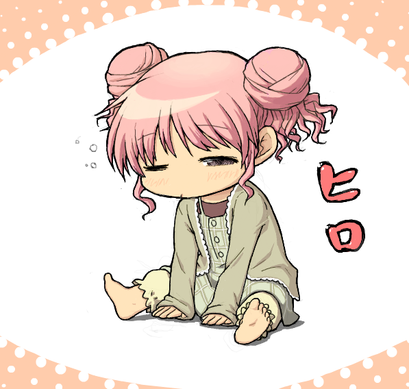 samanda, hiro (hidamari sketch), hidamari sketch, bad id, bad pixiv id, 00s, aged down, barefoot, chibi, double bun, feet, hair bun, pink hair, sleepy, solo