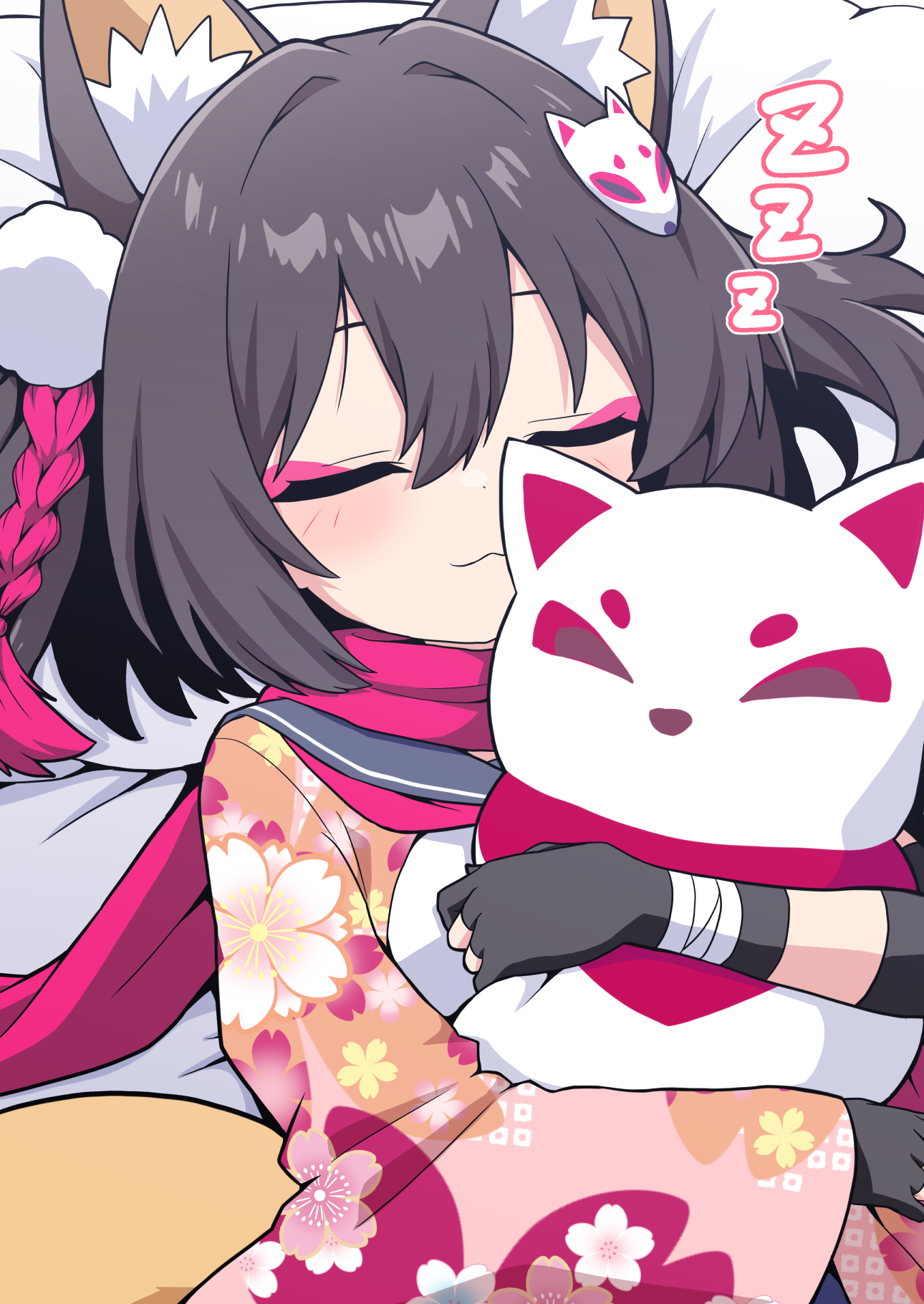 fukamiki kei, izuna (blue archive), blue archive, highres, 1girl, :3, animal ear fluff, animal ears, black gloves, black skirt, blush, brown hair, cherry blossom print, closed eyes, cropped shirt, elbow gloves, floral print, floral print kimono, fox ears, fox girl, fox tail, gloves, grass, halo, hugging object, hugging own tail, hugging tail, japanese clothes, kimono, large tail, lying, neckerchief, on ground, on side, outdoors, pink neckerchief, pink scarf, pleated skirt, print kimono, scarf, school uniform, serafuku, shirt, short hair, single thighhigh, skindentation, skirt, sleeping, sleeveless, sleeveless shirt, solo, stuffed toy, tail, thighhighs, white shirt, zzz