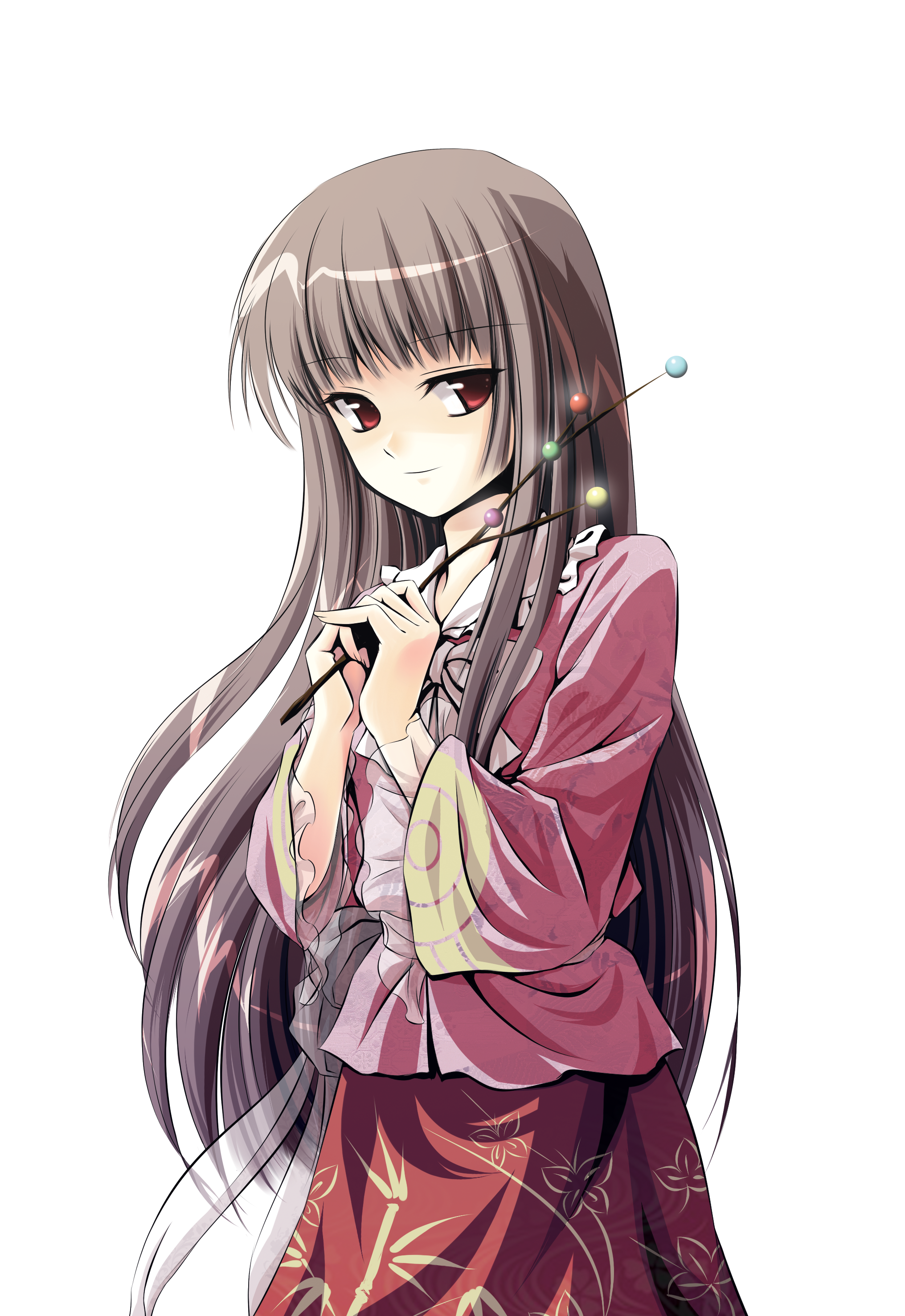 juuniya gekkatsuru, houraisan kaguya, touhou, absurdres, highres, 1girl, black hair, branch, brown hair, dress, female focus, frills, jeweled branch of hourai, long hair, own hands together, red eyes, solo, transparent background, very long hair