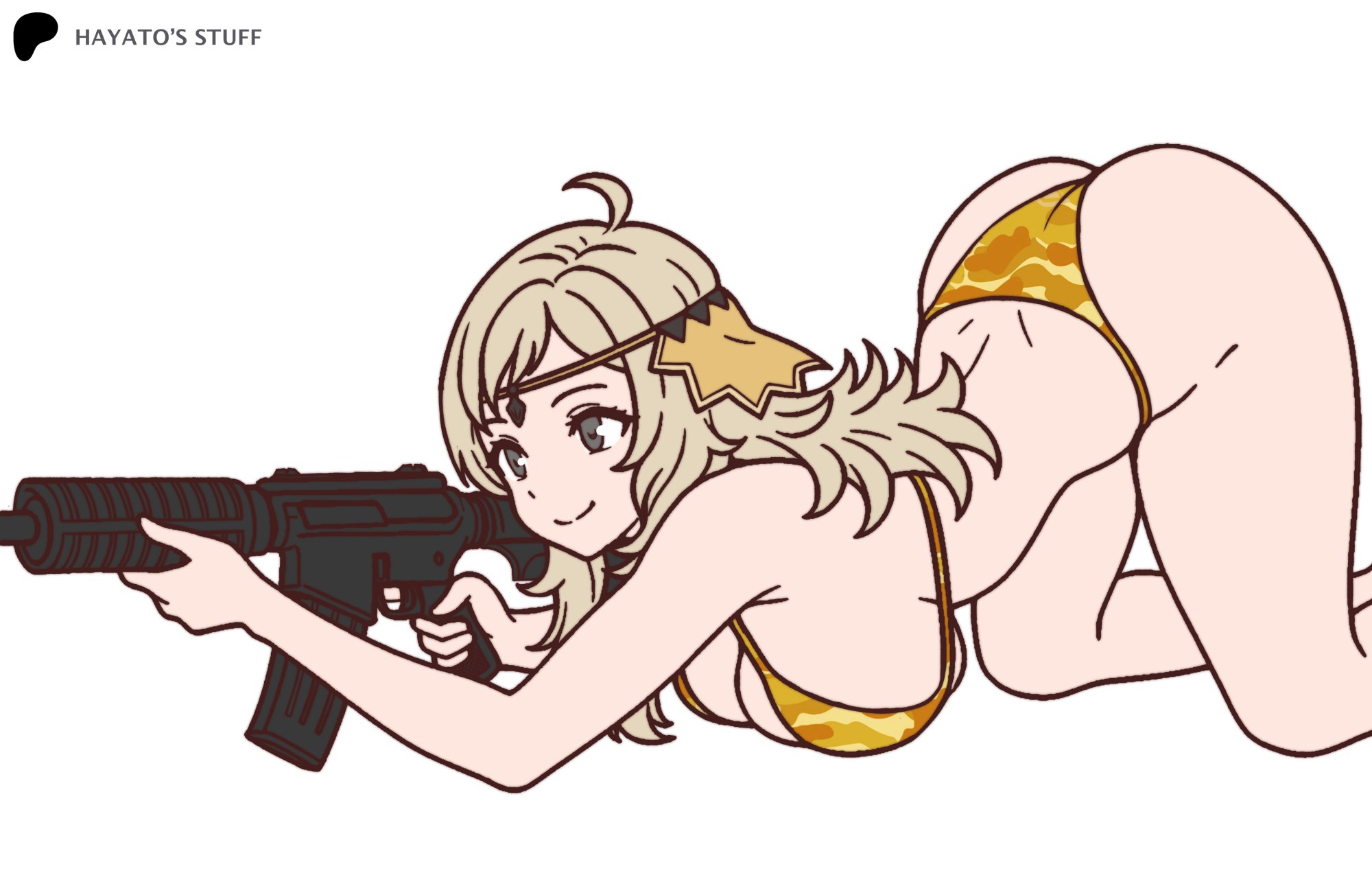 hayato stuff, ophelia (fire emblem), fire emblem, fire emblem fates, nintendo, highres, 1girl, ahoge, alternate costume, ass, bikini, blonde hair, breast press, breasts, camouflage, camouflage bikini, circlet, cleavage, closed mouth, grey hair, gun, large breasts, machine gun, sideboob, smile, swimsuit, underboob, weapon, yellow bikini