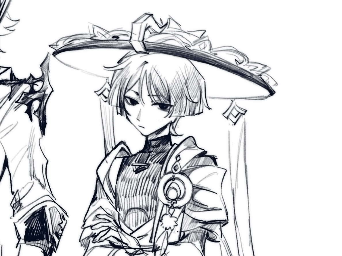 dd16056094, scaramouche (genshin impact), tartaglia (genshin impact), genshin impact, 2boys, closed mouth, crossed arms, empty eyes, expressionless, grey background, hair between eyes, hat, head tilt, japanese clothes, jewelry, long sleeves, looking at viewer, monochrome, multiple boys, out of frame, pendant, shade, short hair, sketch, solo focus, upper body
