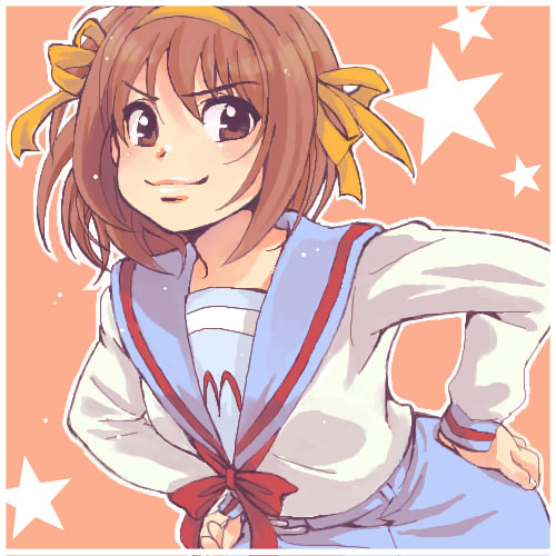cika, suzumiya haruhi, suzumiya haruhi no yuuutsu, bad id, bad pixiv id, lowres, 00s, 1girl, :3, brown eyes, brown hair, female focus, hair ornament, hair ribbon, hairband, leaning forward, miniskirt, ribbon, school uniform, serafuku, short hair, skirt, smile, solo, star (symbol)