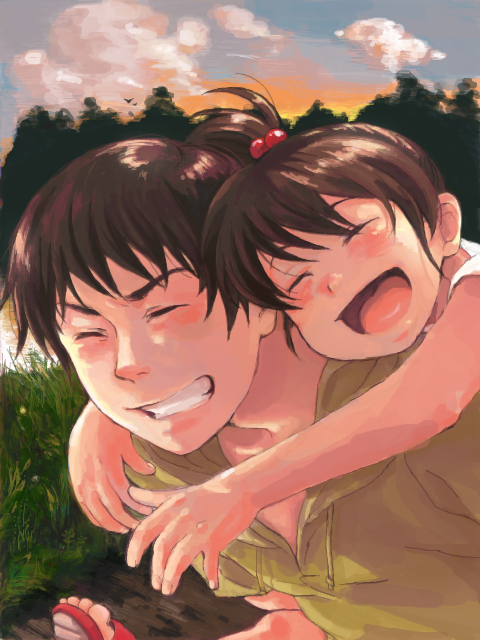 cika, kyon, kyon no imouto, suzumiya haruhi no yuuutsu, bad id, bad pixiv id, 00s, 1boy, 1girl, brother and sister, dusk, open mouth, siblings, smile