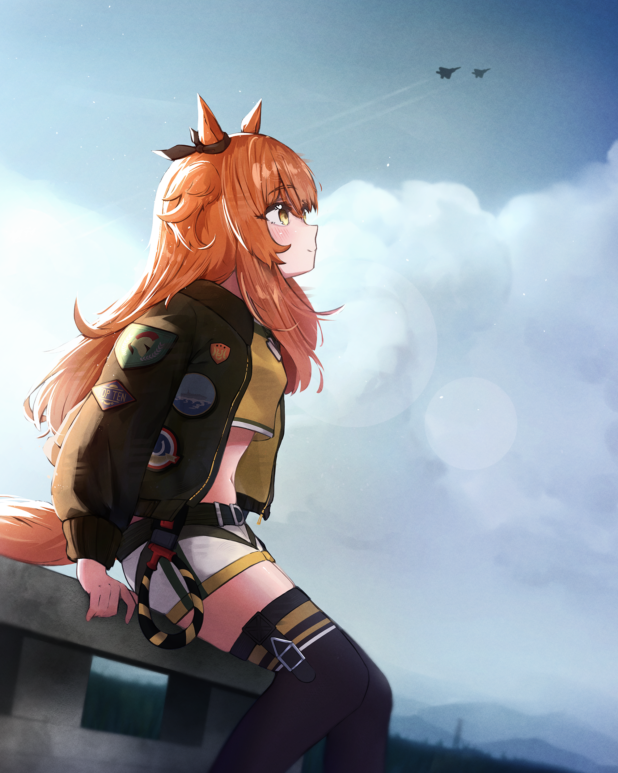 skebisu, mayano top gun (scramble zone) (umamusume), mayano top gun (umamusume), umamusume, absurdres, highres, 1girl, aircraft, airplane, animal ears, black thighhighs, blush, bomber jacket, bow, breasts, brown ribbon, closed mouth, cloud, cloudy sky, crop top, dog tags, ear bow, ear ribbon, fighter jet, green jacket, hair between eyes, horse ears, horse girl, horse tail, jacket, long hair, long sleeves, midriff, military vehicle, navel, open clothes, open jacket, orange eyes, orange hair, orange tail, outdoors, ribbon, shirt, shorts, sky, smile, solo, tail, thighhighs, two side up, white shorts, yellow eyes, yellow shirt