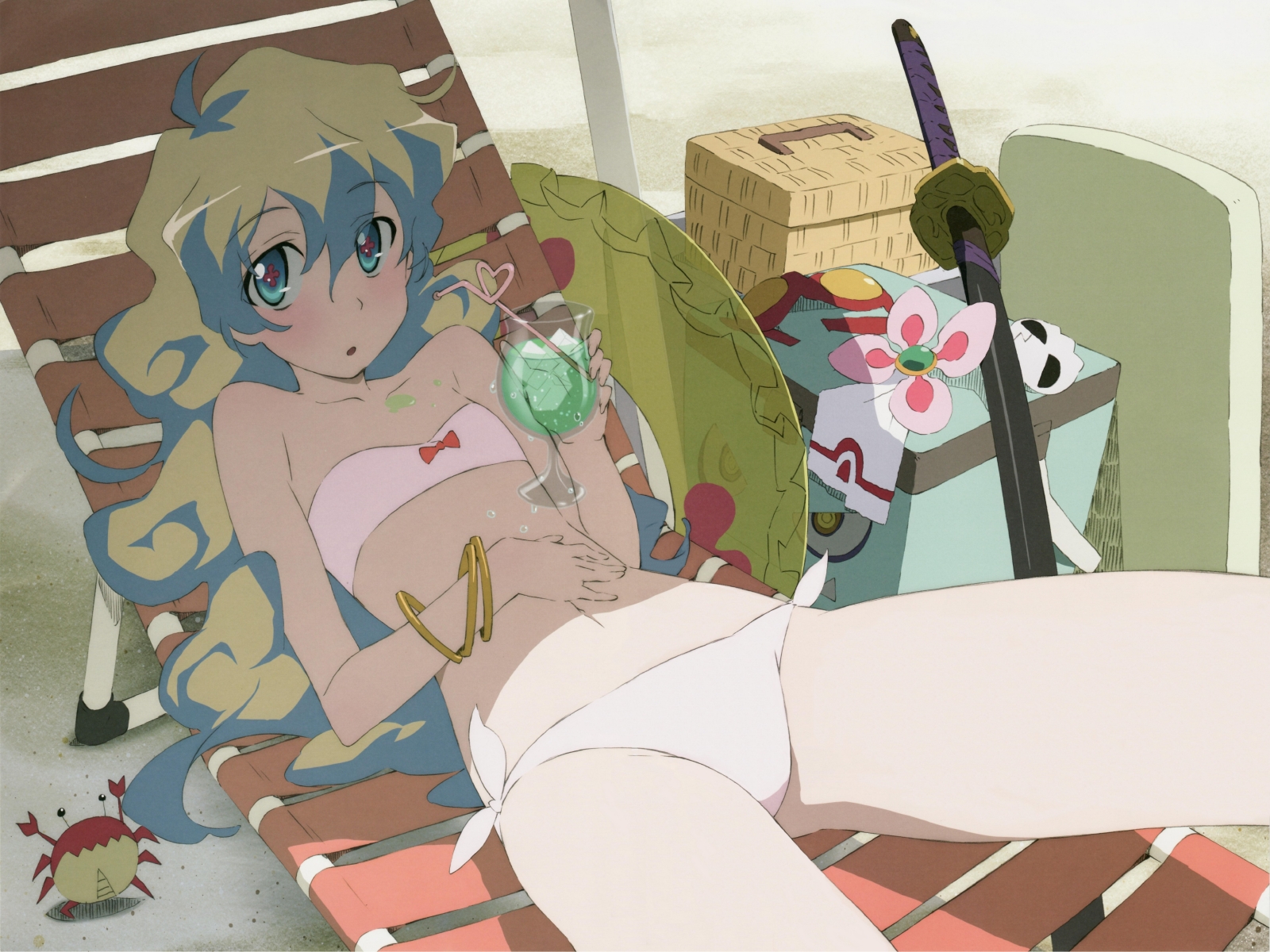 nia teppelin, tengen toppa gurren lagann, highres, + +, 00s, 1girl, bangle, basket, bikini, blue eyes, blush, bracelet, crab, crustacean, curly hair, drinking straw, female focus, flat chest, flower, goggles, hair flower, hair ornament, hairclip, ice, jewelry, katana, side-tie bikini bottom, soda, solo, swimsuit, sword, weapon