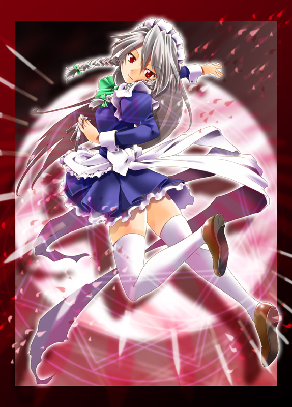 kanoe (gallery walhalla), izayoi sakuya, touhou, 1girl, apron, bow, braid, female focus, full body, grey hair, hair bow, knife, long hair, maid, maid apron, maid headdress, red eyes, sky, solo, thighhighs, twin braids, white thighhighs, wrist cuffs, zettai ryouiki