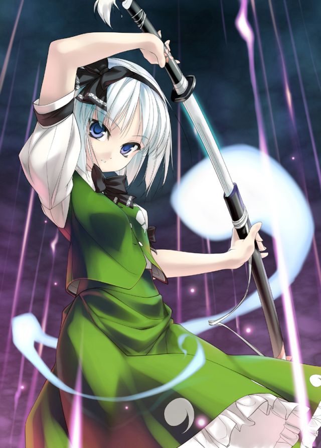 rokuwata tomoe, konpaku youmu, konpaku youmu (ghost), touhou, 1girl, blue eyes, female focus, gradient background, outdoors, short hair, skirt, sky, solo, sword, weapon, white hair