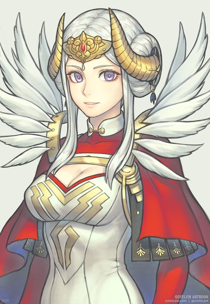 gofelem, edelgard von hresvelg, edelgard von hresvelg (adrestian emperor), edelgard von hresvelg (adrestian emperor) (resplendent), edelgard von hresvelg (timeskip), fire emblem, fire emblem: three houses, fire emblem heroes, nintendo, 1girl, breasts, cape, cleavage, cleavage cutout, clothing cutout, double bun, dress, fake horns, feather trim, feathers, hair bun, hair ornament, headpiece, horns, large breasts, long hair, looking at viewer, official alternate costume, parted lips, purple eyes, red cape, simple background, smile, solo, upper body, white background, white dress, white hair