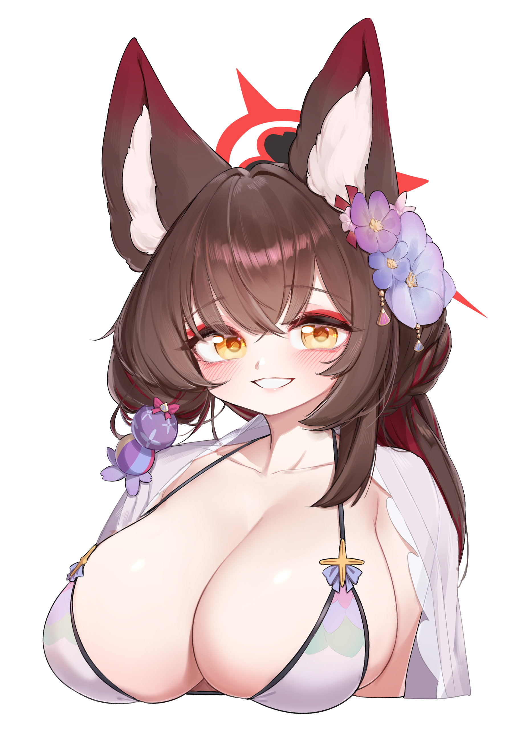 yabby, wakamo (blue archive), wakamo (swimsuit) (blue archive), blue archive, absurdres, highres, 1girl, animal ears, bikini, blush, braid, breasts, brown hair, cleavage, collarbone, eyeshadow, flower, fox ears, fox girl, grin, hair flower, hair ornament, halo, large breasts, long hair, looking at viewer, makeup, multicolored hair, official alternate costume, purple flower, red eyeshadow, red hair, red halo, simple background, smile, solo, streaked hair, string bikini, swimsuit, two-tone hair, upper body, white background, white hair, yellow eyes
