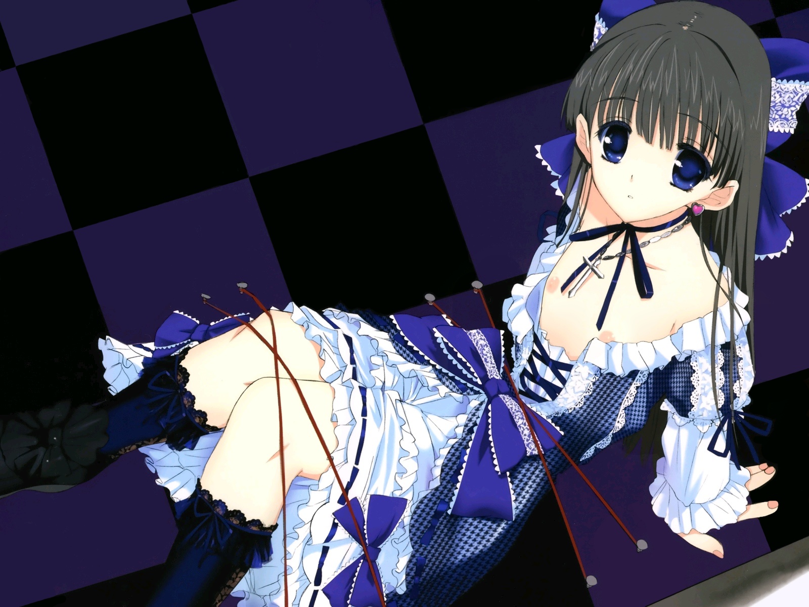 kusaka souji, highres, third-party edit, 1boy, black hair, blue eyes, gothic lolita, lolita fashion, male focus, solo, trap