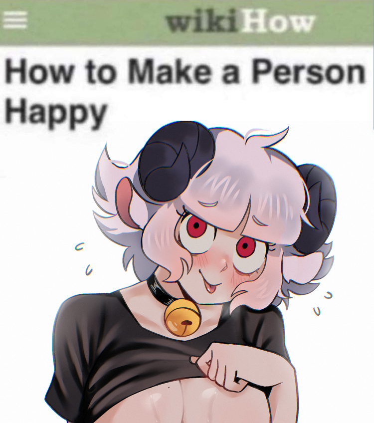 osulan, osu (osulan), helltaker, original, wikihow, 1girl, ahoge, animal ears, bell, black choker, black shirt, blunt bangs, blush, breasts, choker, cleavage, closed mouth, clothes lift, collarbone, demon girl, demon horns, english text, flying sweatdrops, grey hair, horns, large breasts, looking at viewer, mole, mole on breast, neck bell, red eyes, sheep ears, shirt, shirt lift, short hair, sidelocks, smile, solo, sweat, t-shirt, tongue, tongue out, upper body