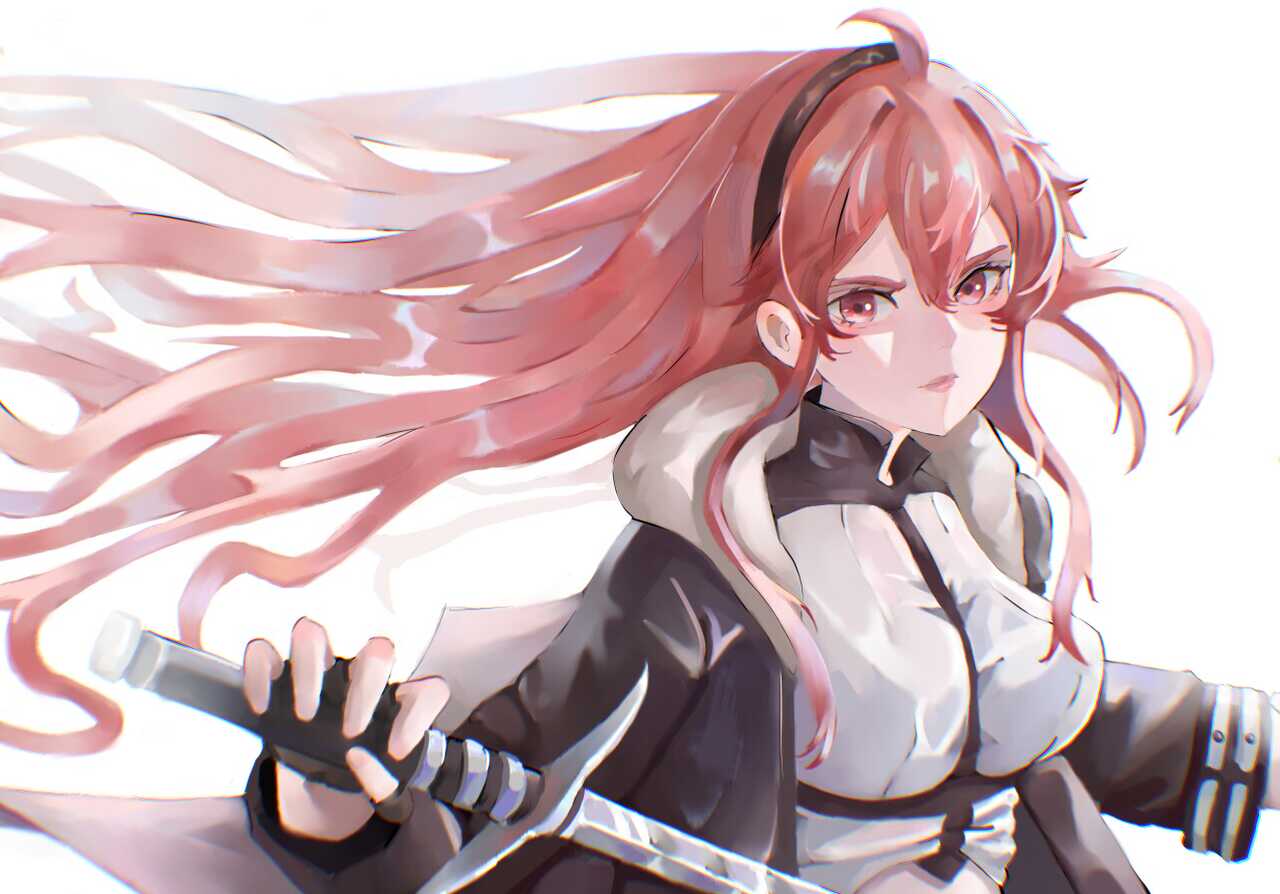 eris greyrat, mushoku tensei, 1girl, ahoge, black hairband, floating hair, fur-trimmed jacket, fur trim, hairband, holding, holding sword, holding weapon, jacket, red eyes, red hair, solo, sword, villustx, weapon, white background