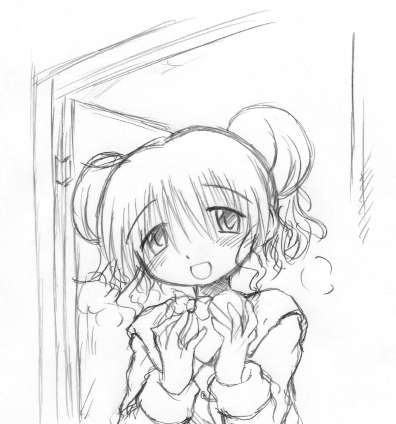 kumichi, hiro (hidamari sketch), hidamari sketch, bad id, bad pixiv id, lowres, 00s, doorway, double bun, greyscale, hair bun, monochrome, sketch, solo, valentine