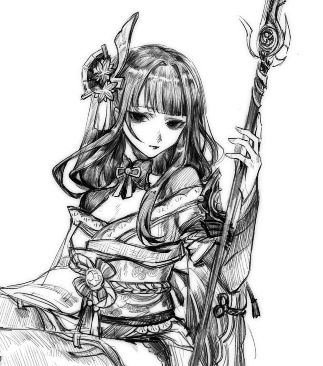 dd16056094, raiden shogun, genshin impact, 1girl, blunt bangs, braid, breasts, cleavage, close-up, closed mouth, engulfing lightning (genshin impact), grey background, hair ornament, head tilt, holding, holding polearm, holding weapon, japanese clothes, long hair, looking at viewer, mole, mole under eye, monochrome, neck ribbon, polearm, ribbon, simple background, sitting, solo, upper body, weapon