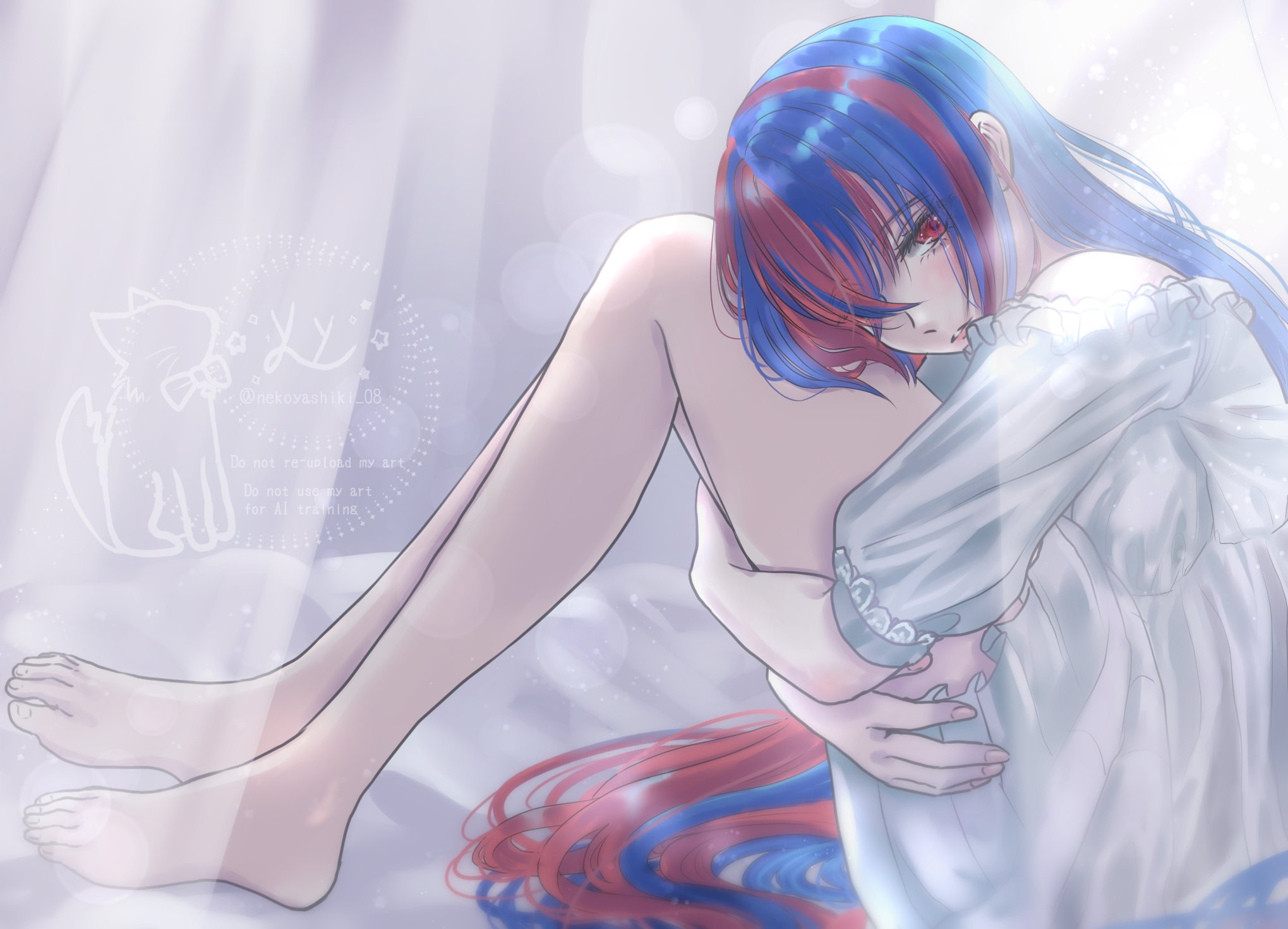 nekoyashiki 08, female alear (fire emblem), fire emblem, fire emblem engage, nintendo, highres, 1girl, bare legs, blue hair, breasts, crossed bangs, long hair, looking at viewer, medium breasts, multicolored hair, red eyes, red hair, split-color hair, two-tone hair, very long hair