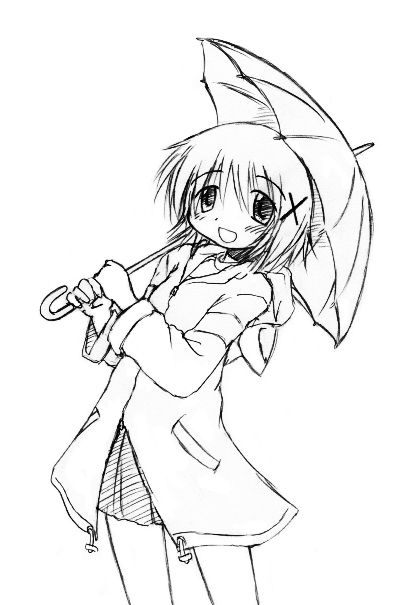 kumichi, yuno (hidamari sketch), hidamari sketch, 00s, greyscale, monochrome, raincoat, sketch, solo, umbrella