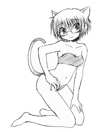 kumichi, sae (hidamari sketch), hidamari sketch, 00s, animal ears, barefoot, bikini, cat ears, cat tail, glasses, greyscale, kneeling, monochrome, sketch, solo, swimsuit, tail